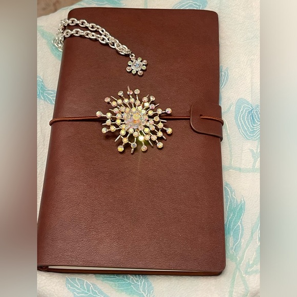 Handmade Accessories - Brown Leather Journal with vintage jewelry accents